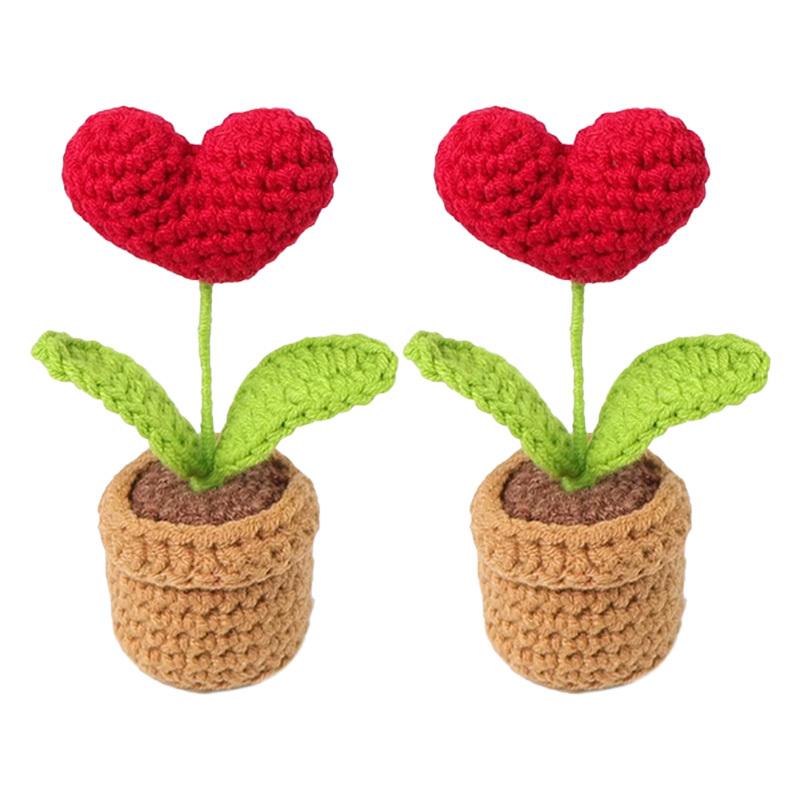 

2pcs Handmade Knitted Flower Pot Red Heart Shaped Fake Plant Christmas Valentine s Day Mothers Day Gift Home Table Decoration