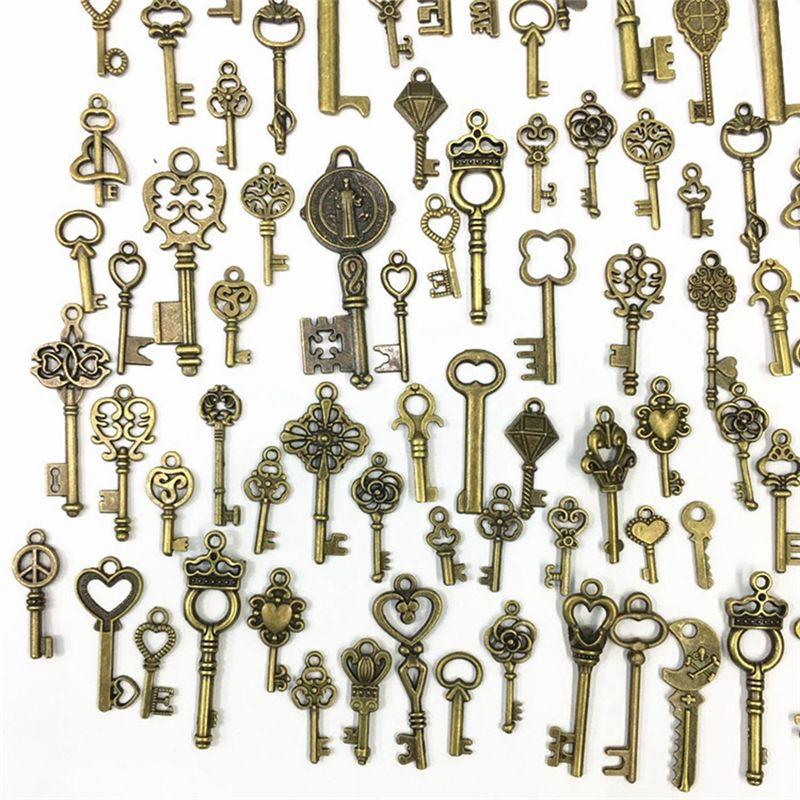 J1UL1N 125 Piece Retro Antique Brass Vintage Bronze Old Looking Decorative Key Lock Mix Metal Key Steampunk Charms Pendant Jewel