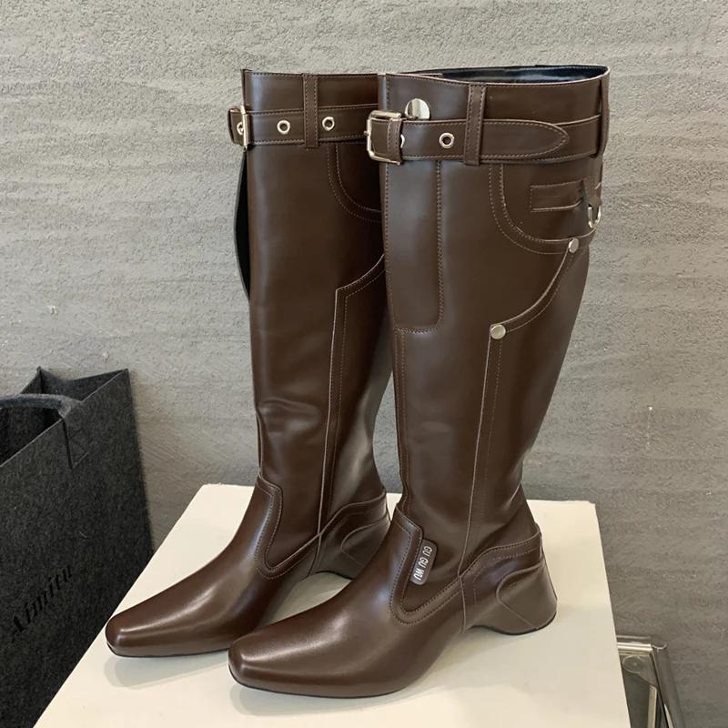 Eilyken New Wedges Heels Women Knee High Boots Designer Belt Buckle Long Booties Street Winter Shoes Zapatos De Mujer