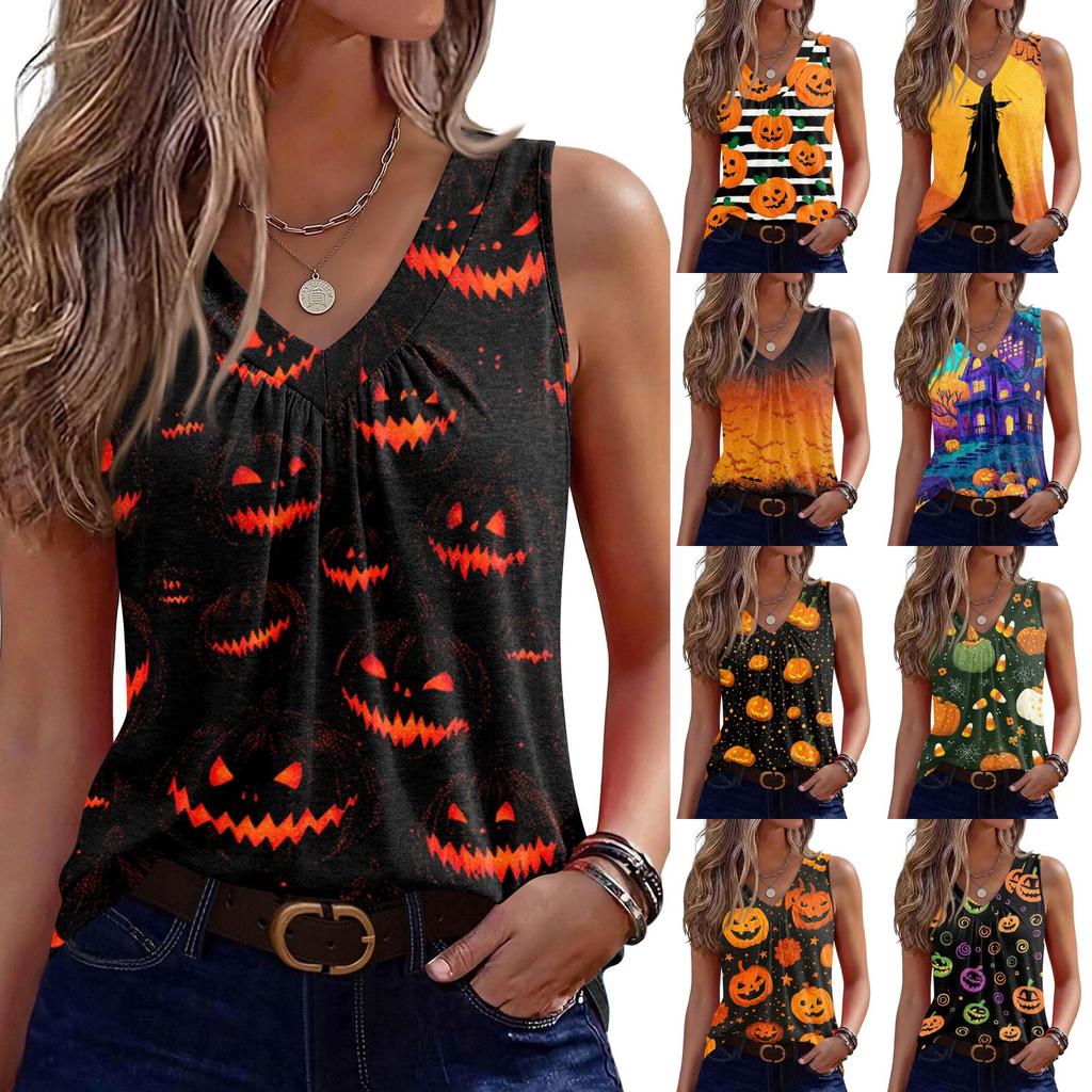 Women Sleeveless V Neck Halloween Pumpkin Print Casual Loose Fit Tank Top Lightweight Pullover Vest for Holiday Party Daily Wear