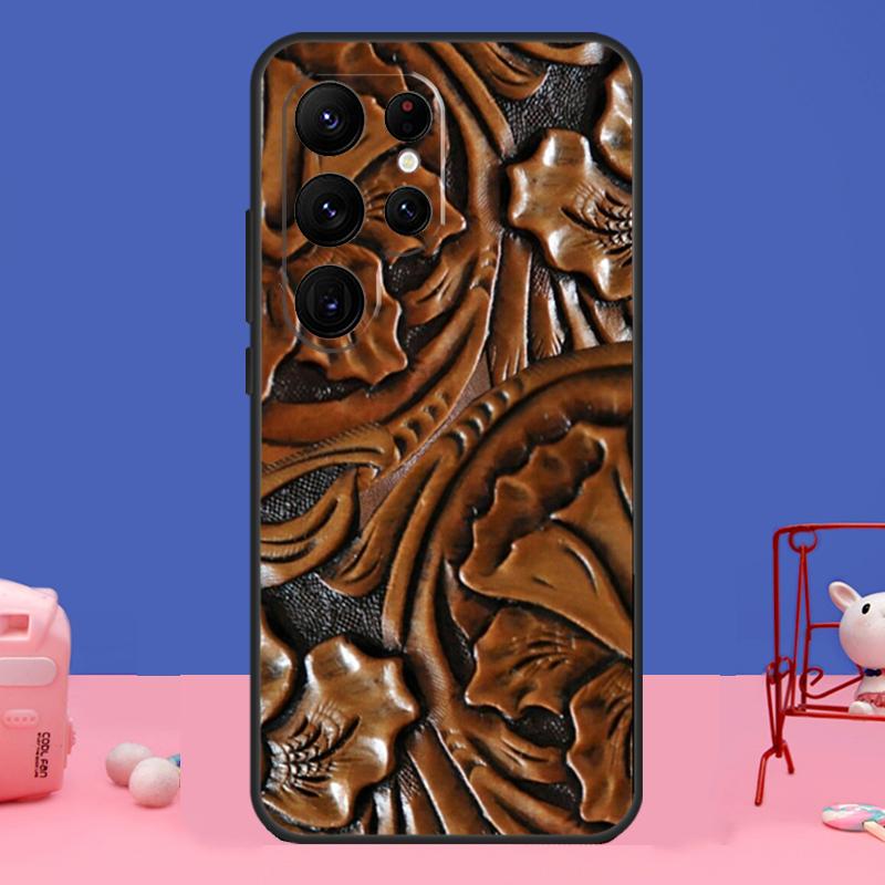 Brown Tooled Leather Pattern Case For Samsung Galaxy S24 S23 S22 Ultra S20 S21 FE Note 20 S8 S9 S10 Note 10 Plus Cover