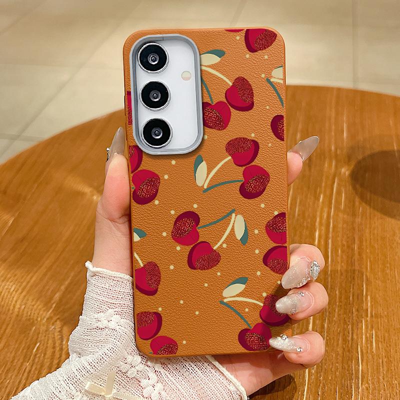 Cute Cherry Pattern TPU Leather Texture Slim Magnetic Case For Samsung S25 Ultra S24 FE S23 S22 S21 Wireless Charge Matte Shockproof Soft Phone Cover