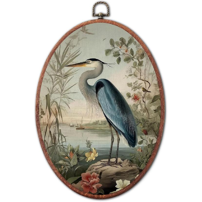 XSTWLJ Vintage Hummingbird Wall Art Decor, Floral Botanical Bird Canvas Art Framed, Elegant Cottagecore Oval Wall Hanging Decorations for Home