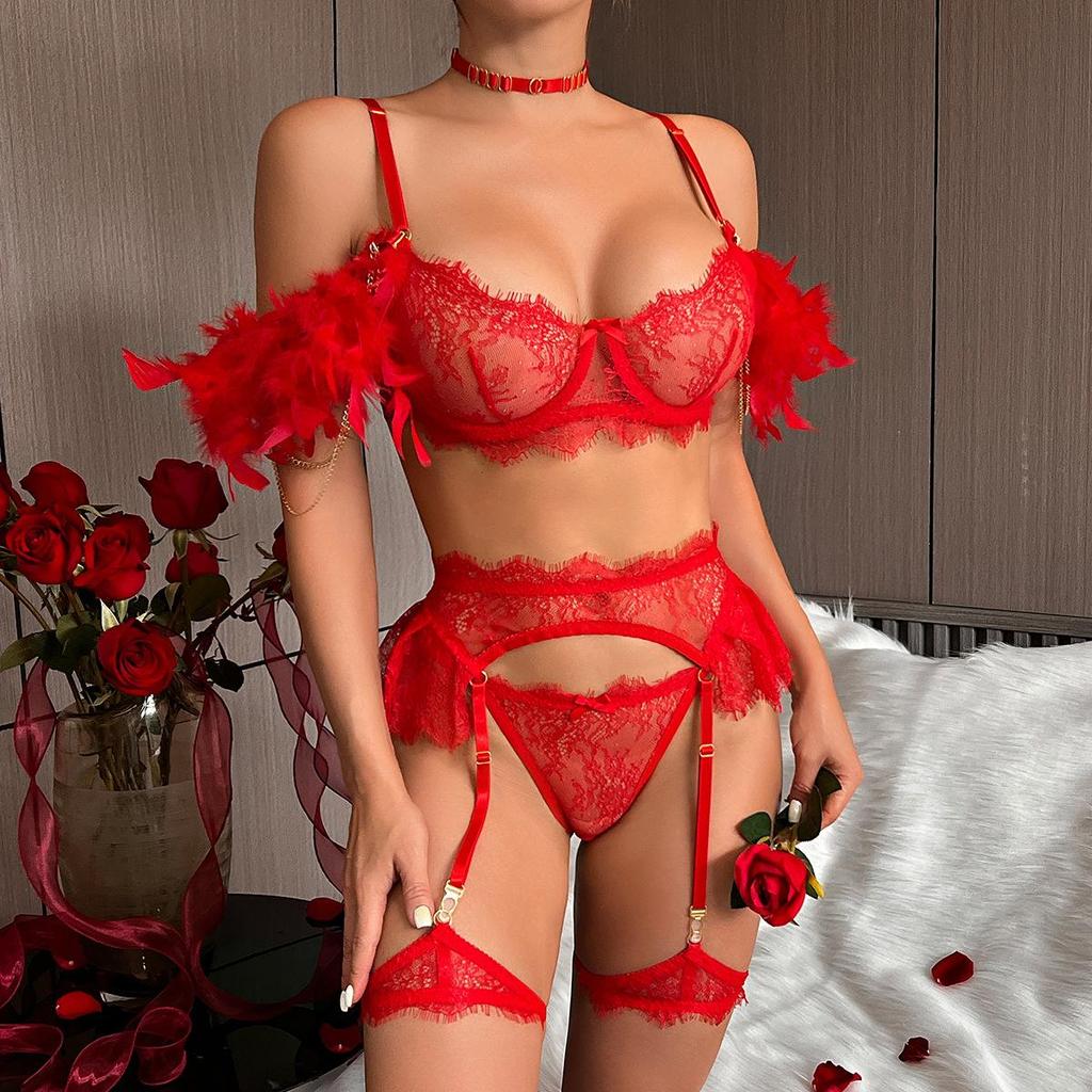 Erotic lingerie feather splicing color clashing sexy metal chain four-piece set in stock