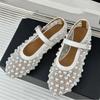 Fashion Pearl Flat Bottomed Comfortable Ballet Dancing Sandals Hollow Out Round Head Buckle Commuting Leisure Mary Jane Single Shoes
