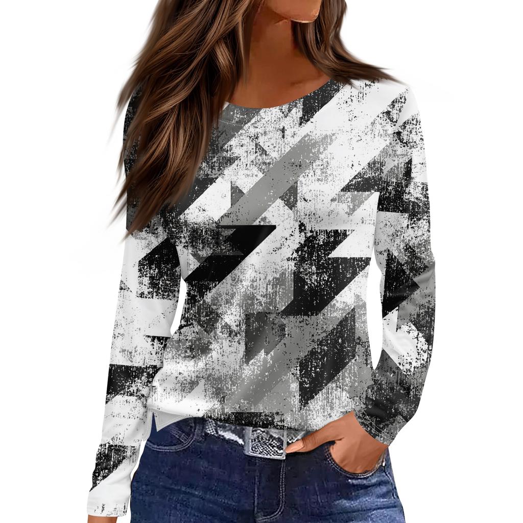 Women's Fashion Hem Slit Casual Retro Floral Print Round Neck Long Sleeve Top