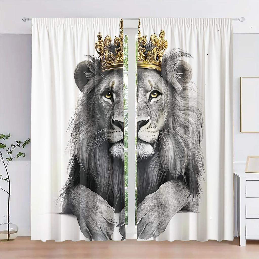 2pcs   Polyester Material   HD Digital Black and White Crown Lion Pattern Print   Light Filtering Curtain   Suitable for Bedroom