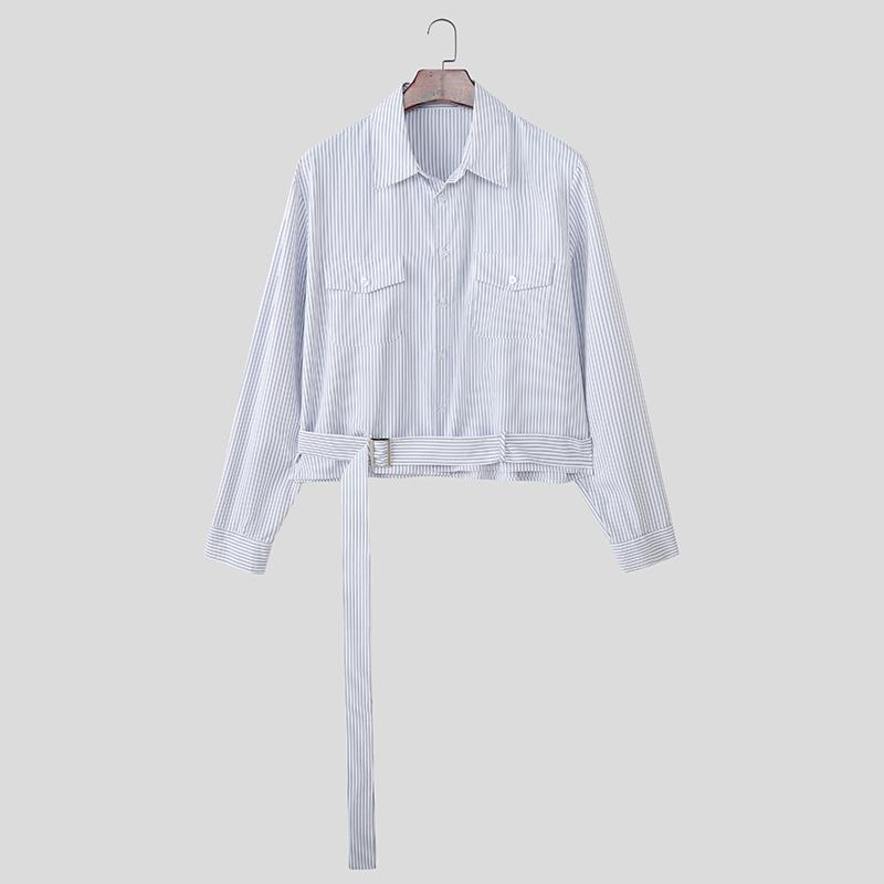 

INCERUN Мужские рубашки оверсайз с лацканами, длинным рукавом, в полоску, с поясом, повседневные топы 5XL синий