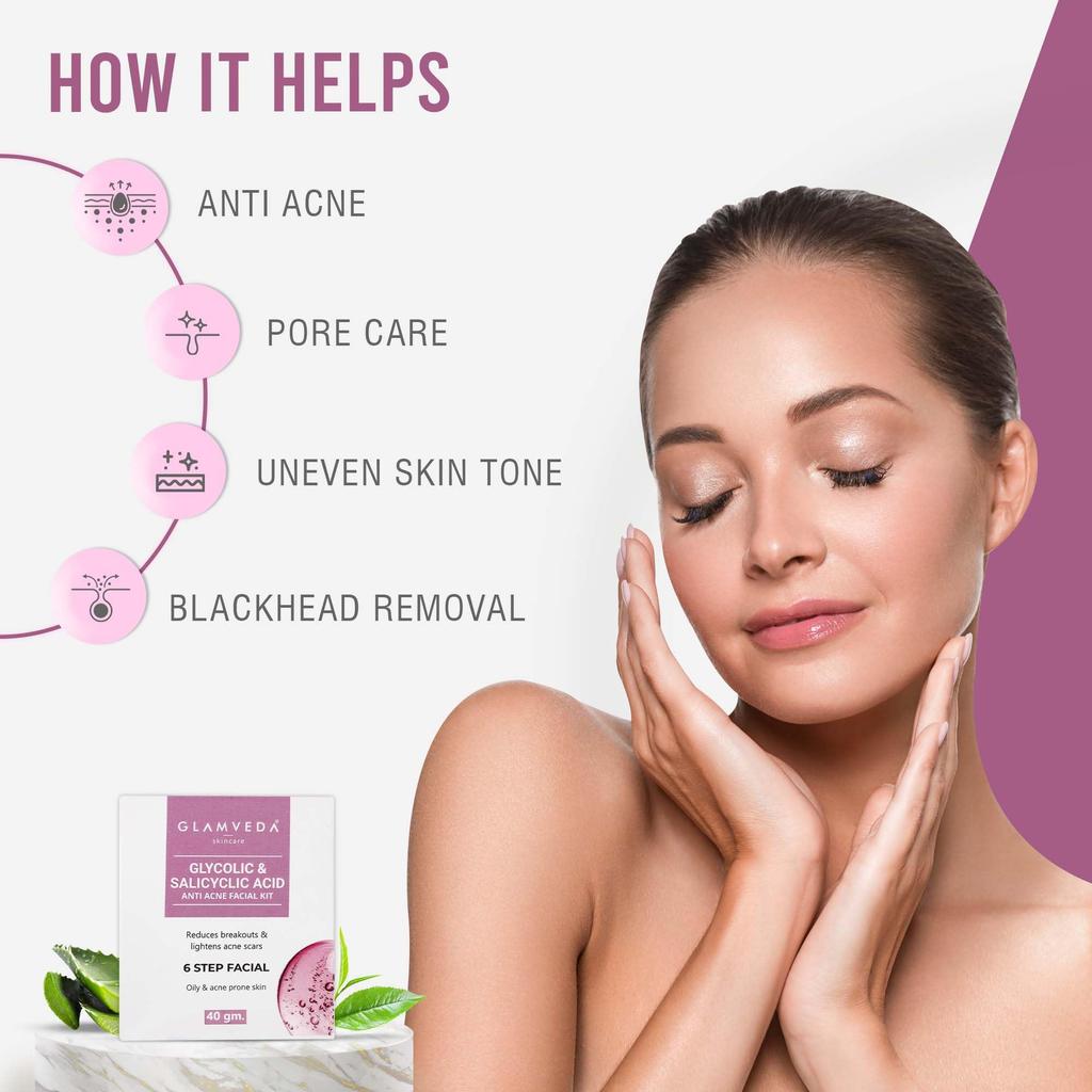 Glamveda Glycolic & Salicylic Anti Acne Facial Kit | Pimple Care & Brightening Facial Kit For Women| No Paraben, SLS | 40gm