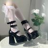 Damen Mary Janes Plateau High Heel Mode Japanische Lolita Plateau Schuhe für Frau Schleife Gürtelschnalle Klobiger Absatz Lederschuhe