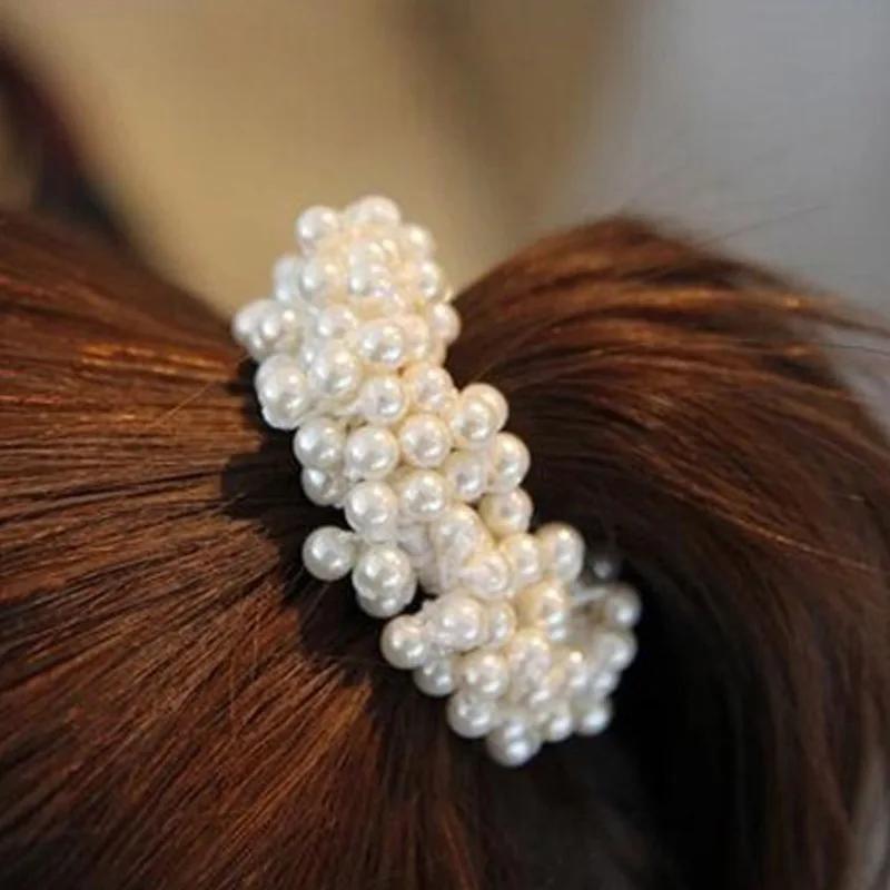 Women Hair Accessories Pearls Beads Headbands Ponytail Holder Girls Vintage Elastic Hair Bands