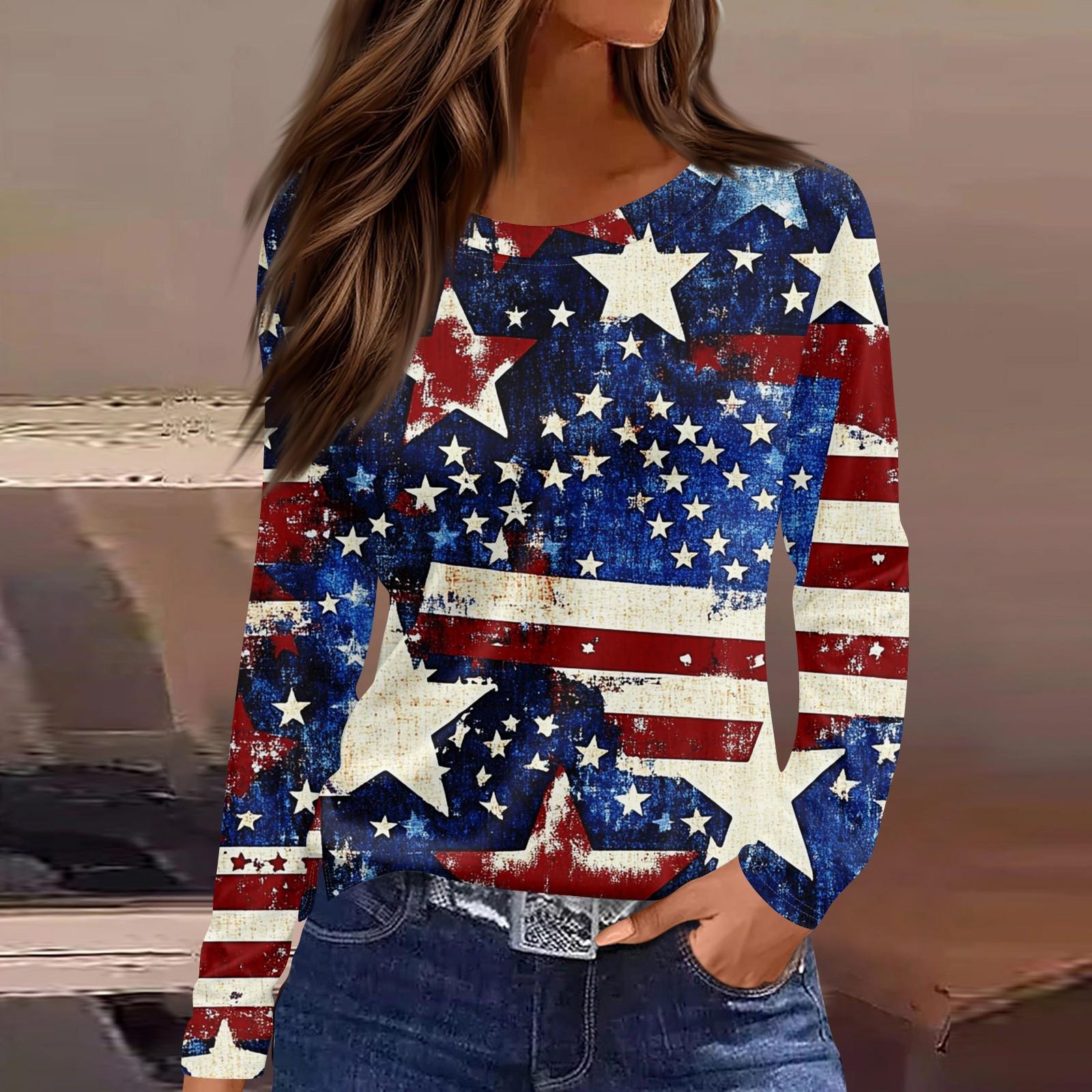 

Women s Fashion Slit Hem Independence Day Printed Round Neck Long Sleeve Top L красный