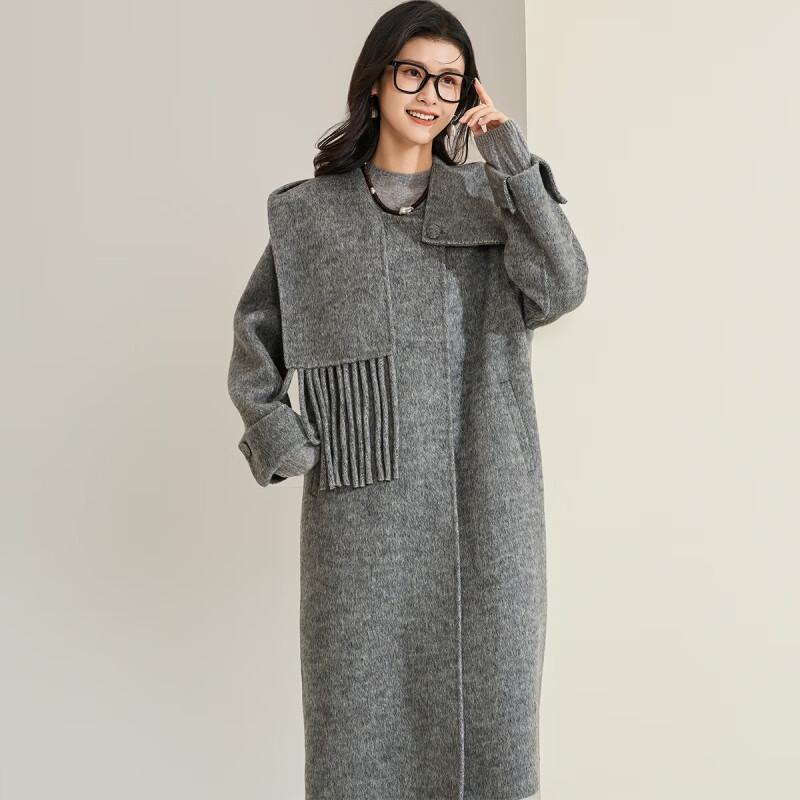 Women's Wool Blend Double-Faced Mid-Length Coat with Detachable Scarf