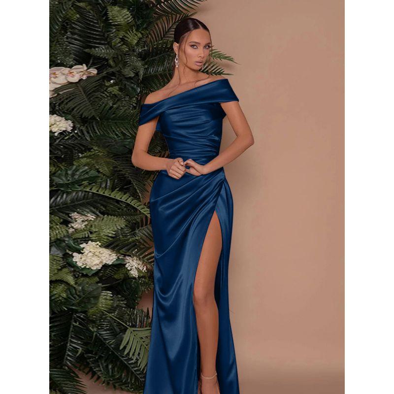 European and American Elegant Pleat off-Shoulder Dress Summer New Split Sexy Guest dresses Slimming Slim fit Hip Skirt