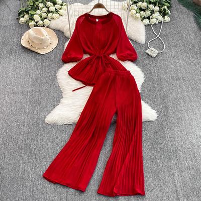 Spring Summer Women Pleated Two Piece Set Elegant V-Neck Draped Chiffon Blouse + High Waist Wide Leg Pants 2Pcs Suit Female New