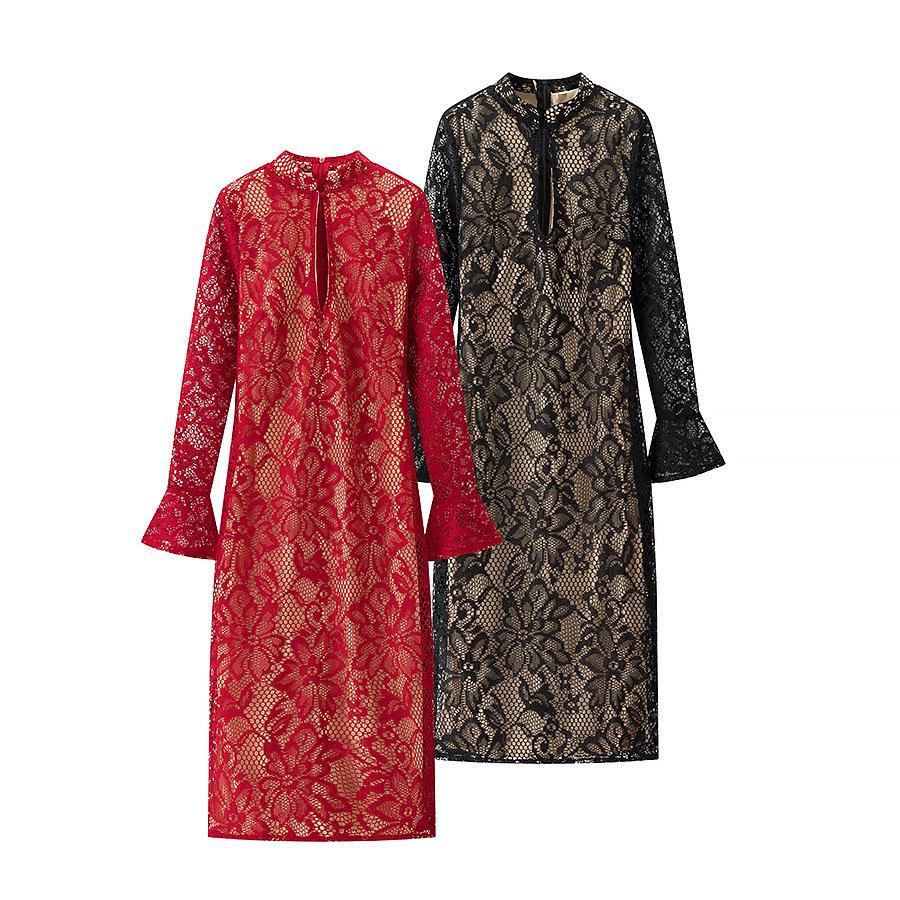 European & American Sexy Women's Long Sleeve Lace Hollow Out Slim Fit Cheongsam Dress