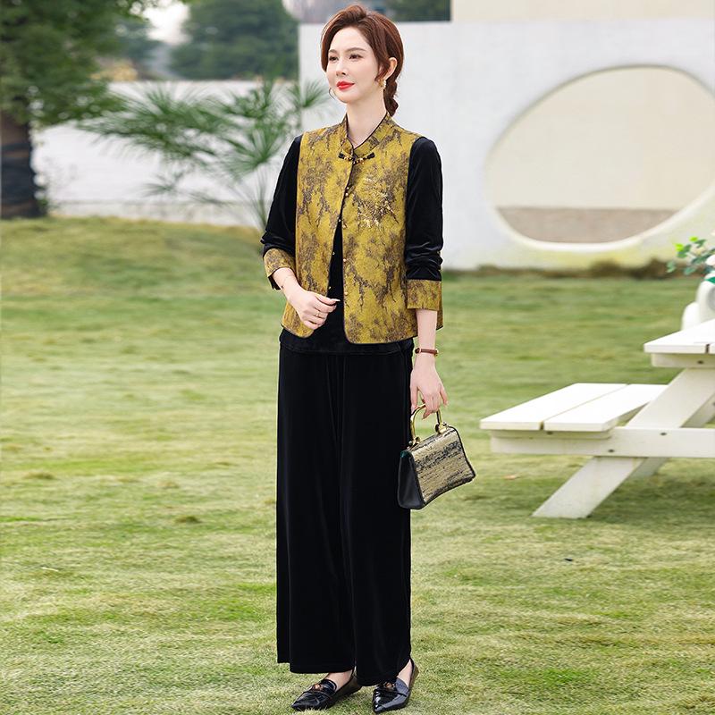 

Mother s Wear 2025 Chinese Style Velvet Vest & Jacket Set for Middle-Aged Women - Spring/Autumn 3-Piece Set XL золотистый