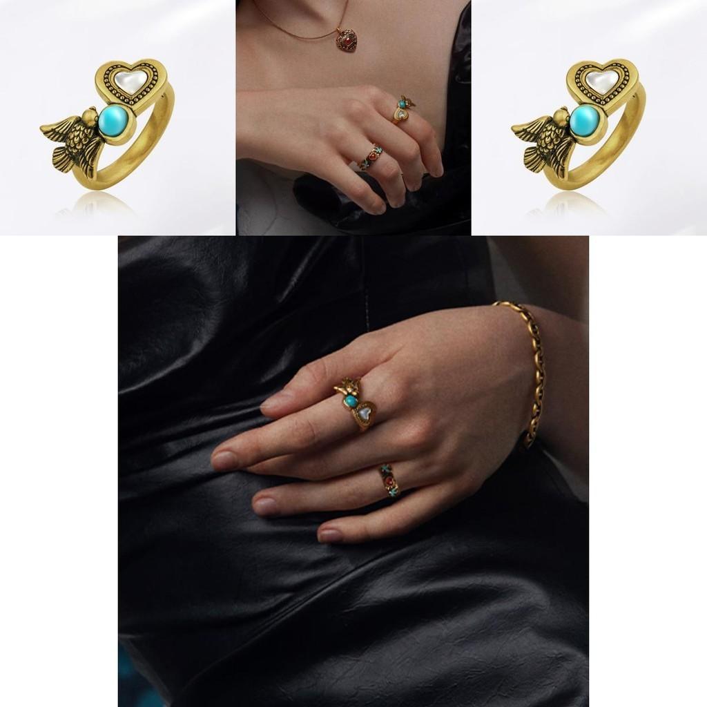 Chic Retro Black Gold Heart Bird Ring For Women Adjustable Fashionable Accessory
