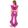 Girls Dance Crop Top with Flared Pants Mock Neck Sleeveless Mesh Rhinestone Ruffle Metallic Outfit Set