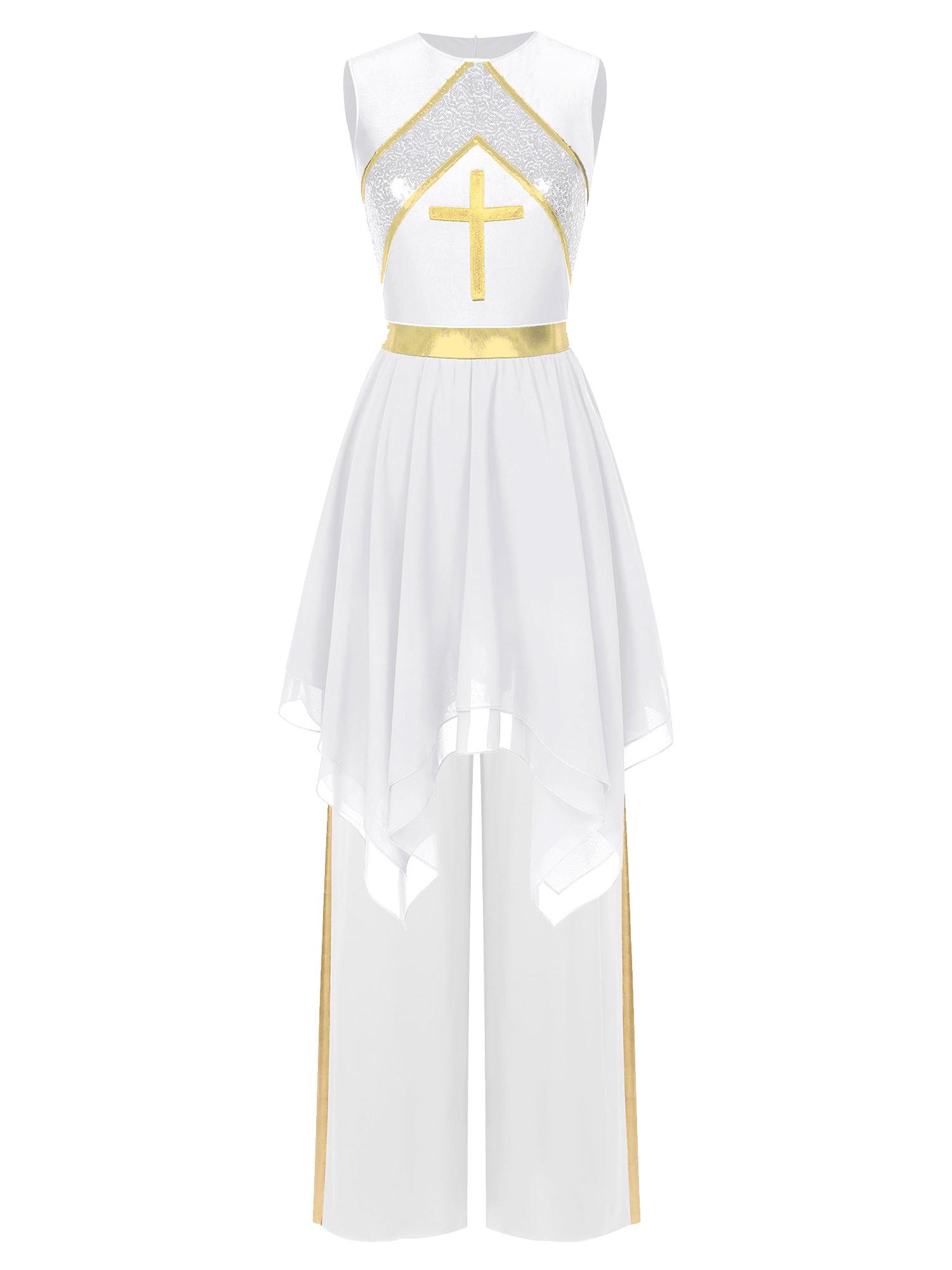 

Женское литургическое танцевальное платье без рукавов с пайетками и асимметричным подолом, с металлическим узором, широкие брюки, наряд для богослужения S белый