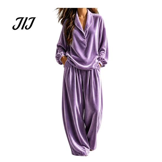 Autumn Winter Home Wear Women Velvet Top Pants Set for Fall Winter, Casual Lapel Collar Lounging Apparel & Wide Leg Trousers with Pockets, Loose