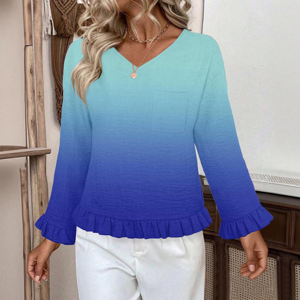 Women's Casual Fashion Ruffled V-Neck Pocket Gradient Print Long Sleeve Top