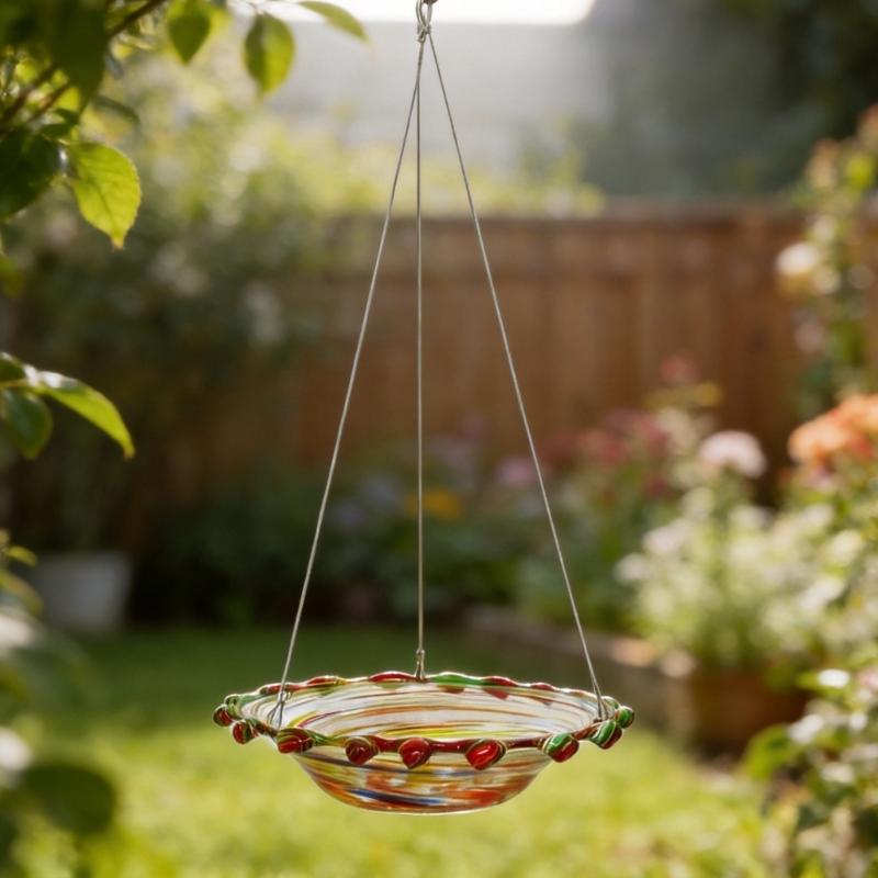 Outdoor Glass Bird Bowl for Small Birds, Hanging Hook Dish for Garden Porch Display with Water or Food Service