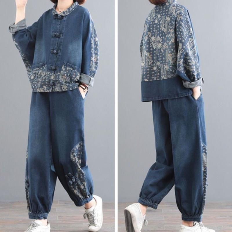 Ensemble Denim Grande Taille à Col Montant, Splicing Style Ethnique Femme, Ensemble Jean Deux Pièces Boucle Ample et Tendance