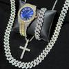 Luxury 4Pcs/Set Fully Iced Out Hip Hop Cross Cuban Chain Pendant Necklace Bracelet Quartz Watch for Men Women Jewelry