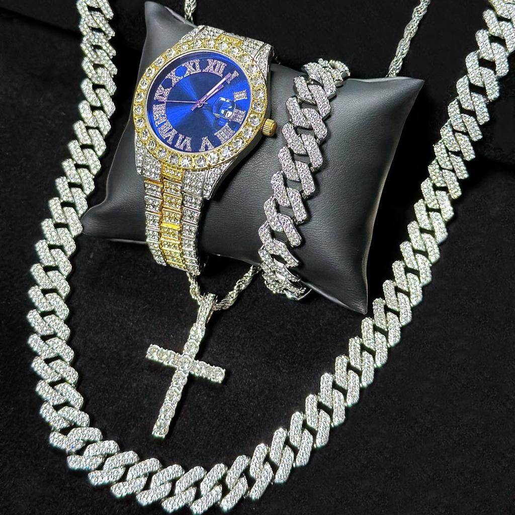 Luxury 4Pcs/Set Fully Iced Out Hip Hop Cross Cuban Chain Pendant Necklace Bracelet Quartz Watch for Men Women Jewelry