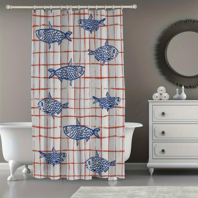 Checkered Fish Pattern Printed Shower Curtain Patterned Shower Curtain For Bathroom Separation And Decoration