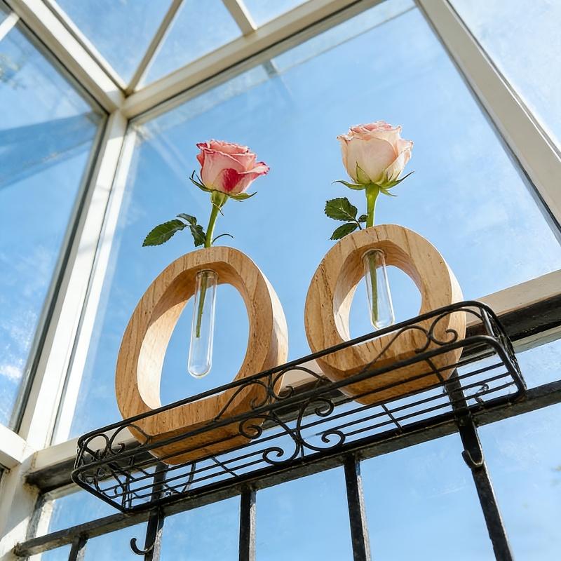 2pcs Wooden Hydroponic Plant Vases Creative Glass Tube Containers High-End Flower Decorative Vases For Workspace Home Wedding