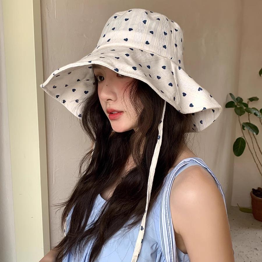 Cute Love Lace-up Bucket Hat Women's Summer Thin Breathable Big Brim Sunscreen Basin Hat Shows Small Face