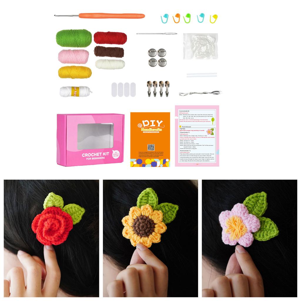 Flower Brooch Crochet Kits DIY Knitting Craft with Yarn Crochet Hook Needle Knitting Marker Material for Beginners Kids