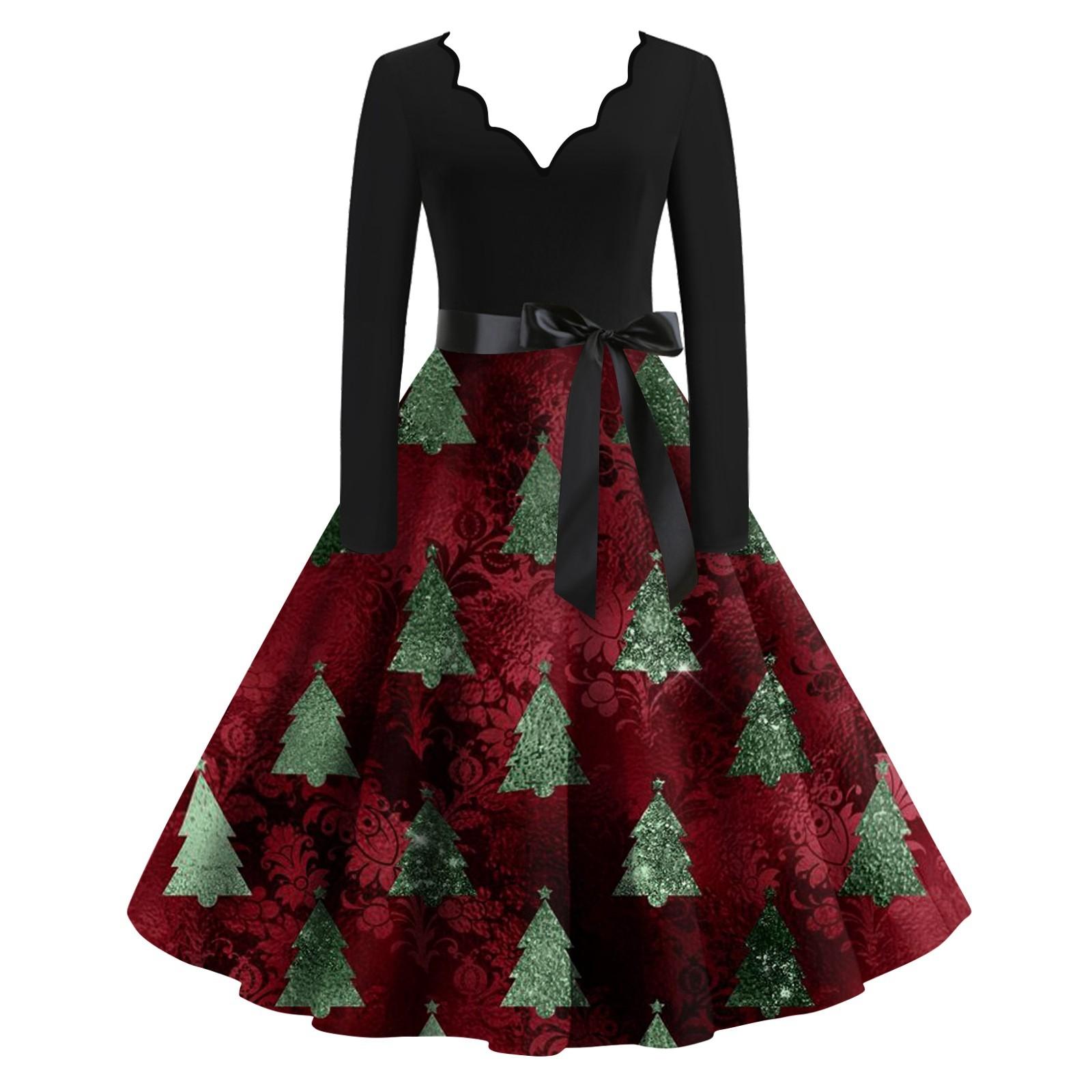 

Женское облегающее платье свободного кроя с длинными рукавами и принтом рождественской елки и снеговика XL винный