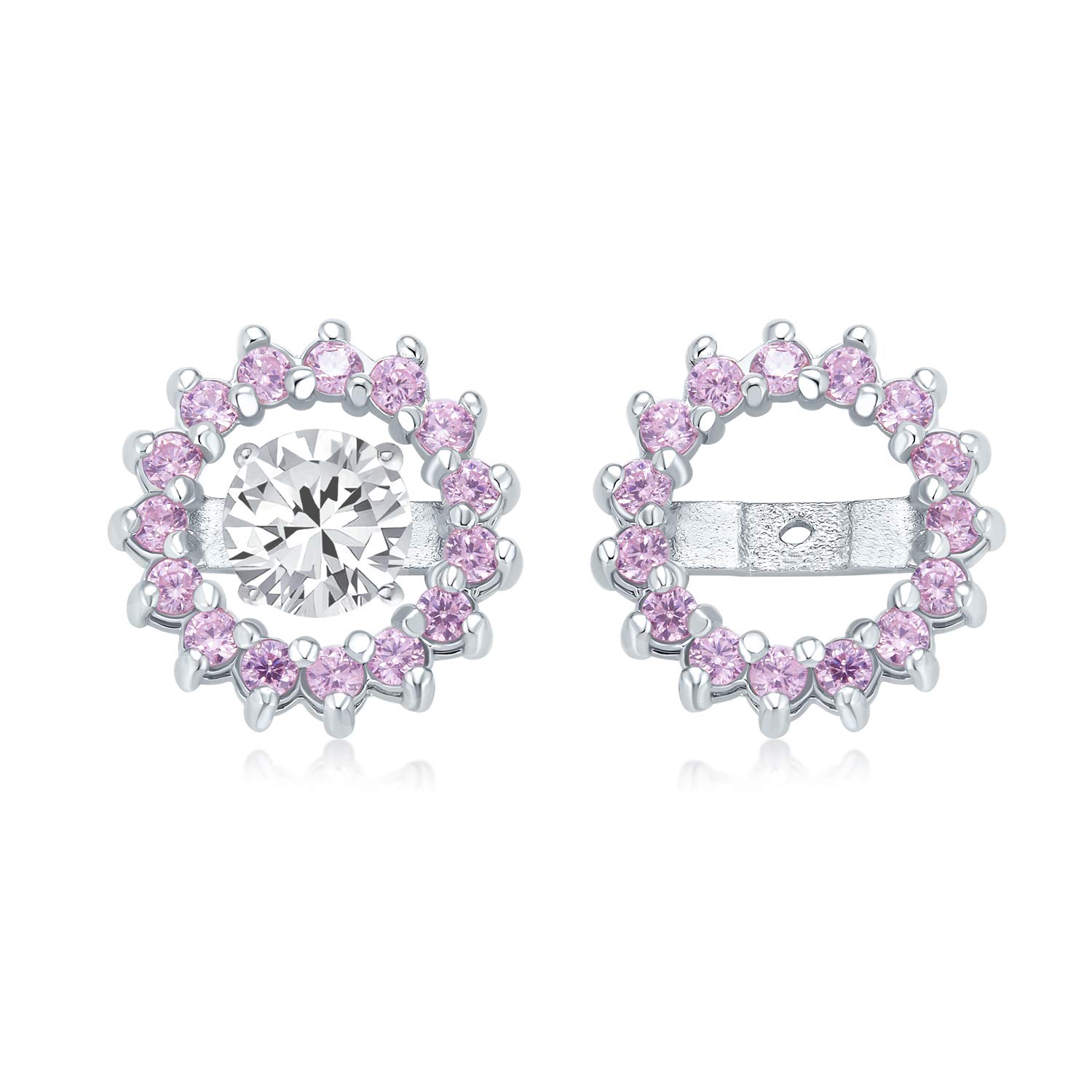 

Pink Cubic Zirconia Simulated Tourmaline CZ Round Pave Halo Earrings Jacket Studs for Jackets Only Sterling Silver Women.925 рожевий