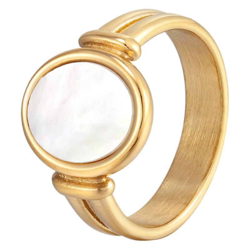 French Retro White Fritillary Oval Ring Titanium Steel Electroplated 18 Gold Hepburn Style Index Finger Ring Women's Niche Light Luxury Jewelry