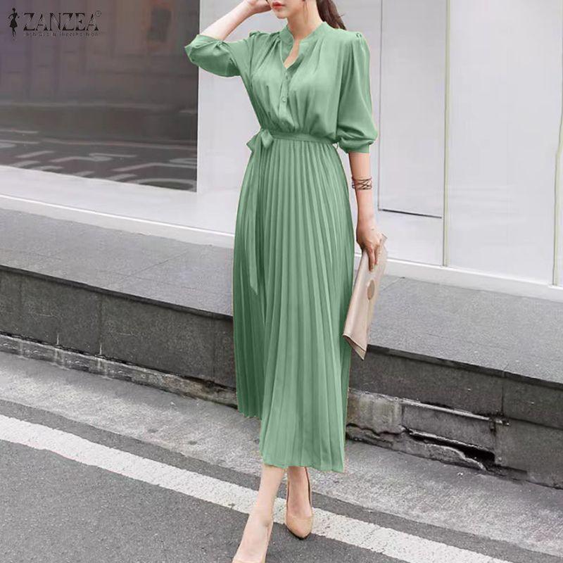 ZANZEA Kobiety Casualowa Sukienka z Okrągłym Dekoltem w Jednolitym Kolorze z Długim Rękawem i Luźnym Krojem