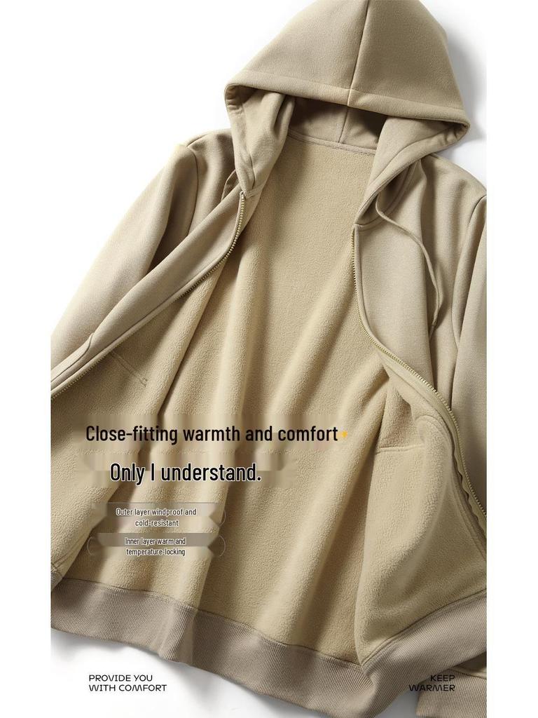 Men's Casual Solid Color Fleece Lined Hooded Sweatshirt - Warm, Versatile Loose Fit with Drawstring and Zipper.