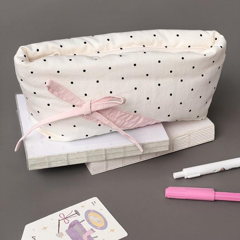 Tear Resistant Large Capacity Stationery Bag Polka Dot Bow Portable Student Pencil Pouch for School Use