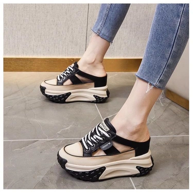 Baotou mezze pantofole tacco scavato senza tacco scarpe pigre aumento altezza interna pantofole fresche suola esterna spessa pelle morbida traspiranti scarpe da donna a