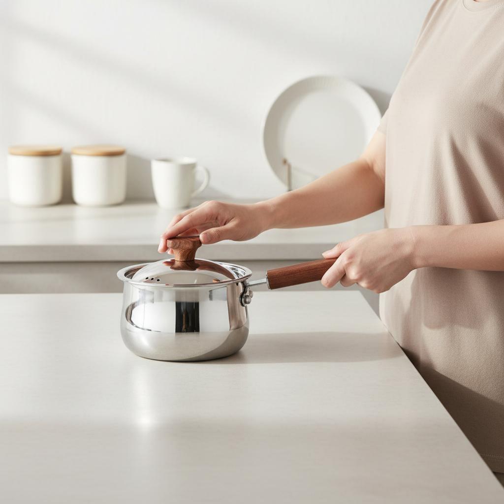Infant Meal Pot Three-Layer Construction Stainless Steel Milk Pot Wood Handle Saucepan No Chemical Coatings Sauce Pan