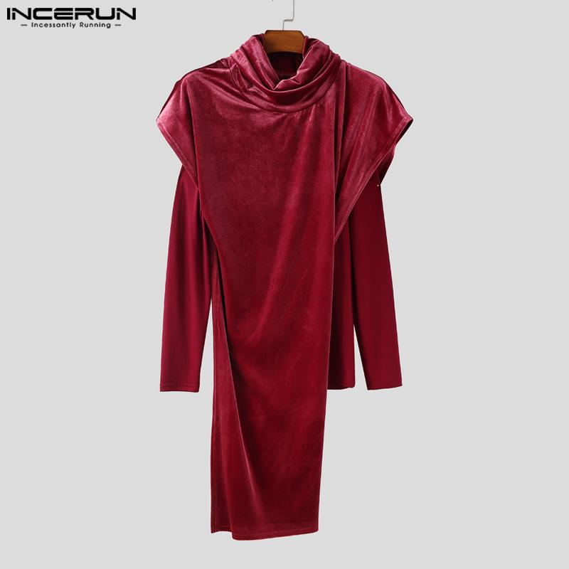 INCERUN Autumn Men High Neck Long Sleeve Fake Two-piece Velvet Casual Tops Pullovers