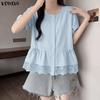 VONDA Summer Women Short Sleeve Lace Hem Casual Ruffled T-shirts Tops Blouse