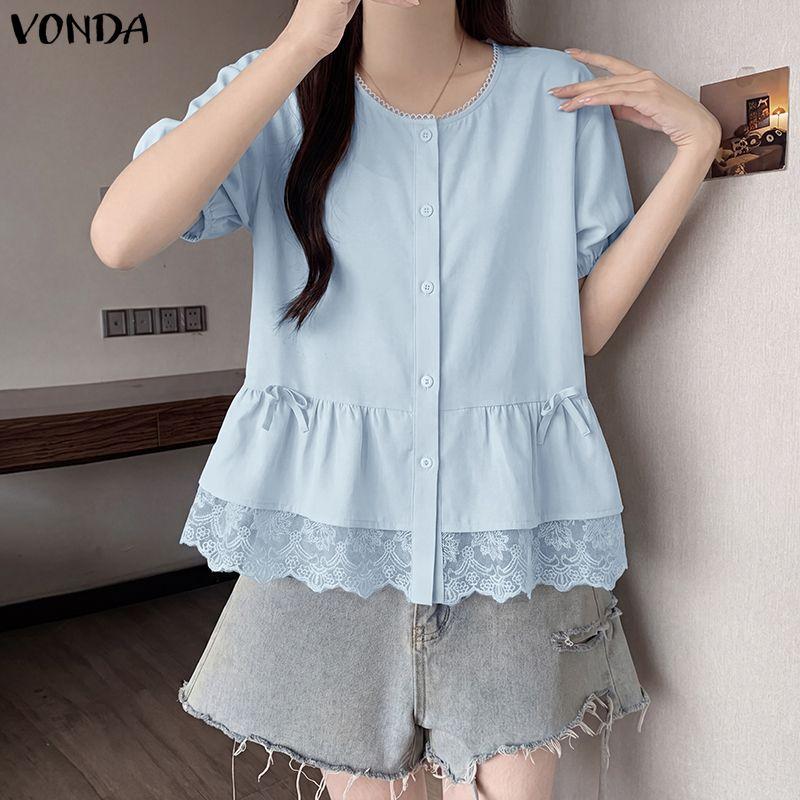 VONDA Summer Women Short Sleeve Lace Hem Casual Ruffled T-shirts Tops Blouse