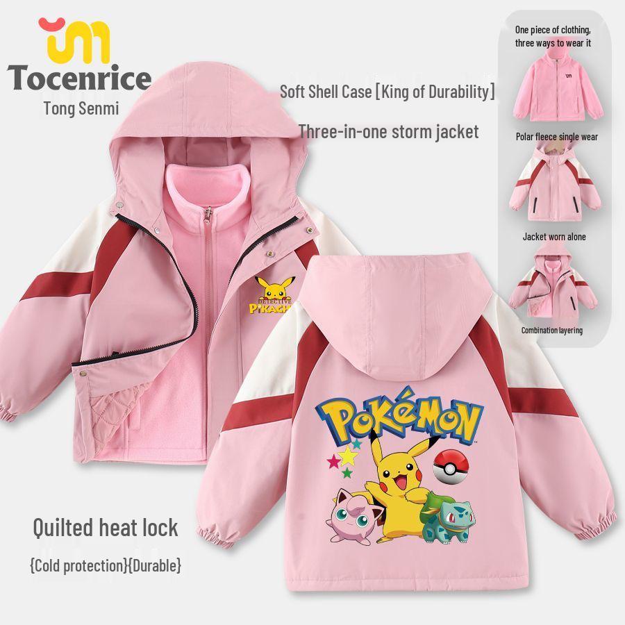 

Unisex Pikachu Kids Fleece-Lined Windbreaker: 2026 Autumn/Winter Cotton Three-in-One Jacket 160 cm