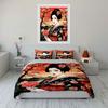 Vintage Japanese Geisha Dark Blue Kimono Peony Cherry Blossom Lake Mountain Bedding Set Oriental Floral Print Duvet CoverGift