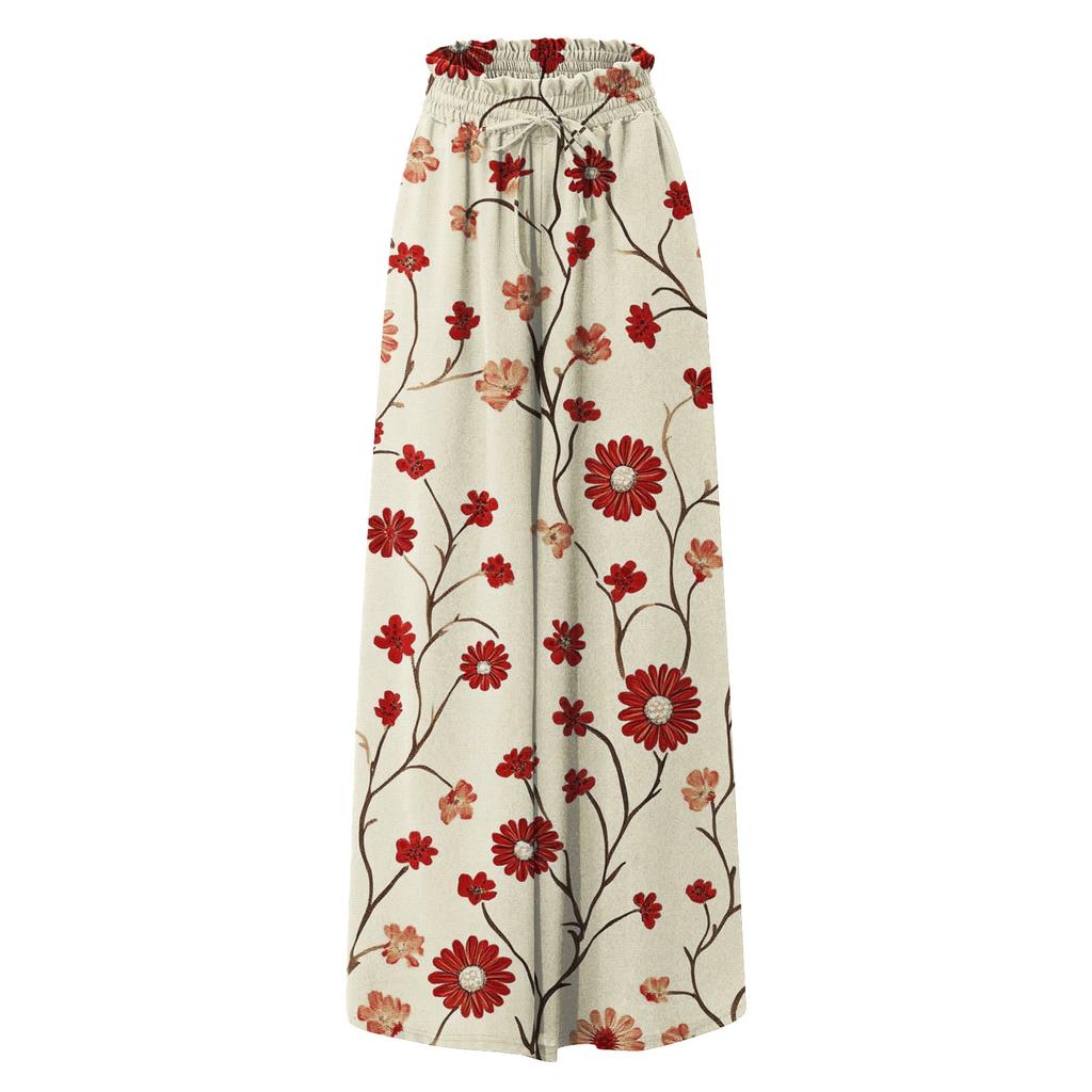 Women's Palazzo Pants Boho Floral Wide Leg Trousers Summer Beach High Waisted Flowy Pants With Pockets