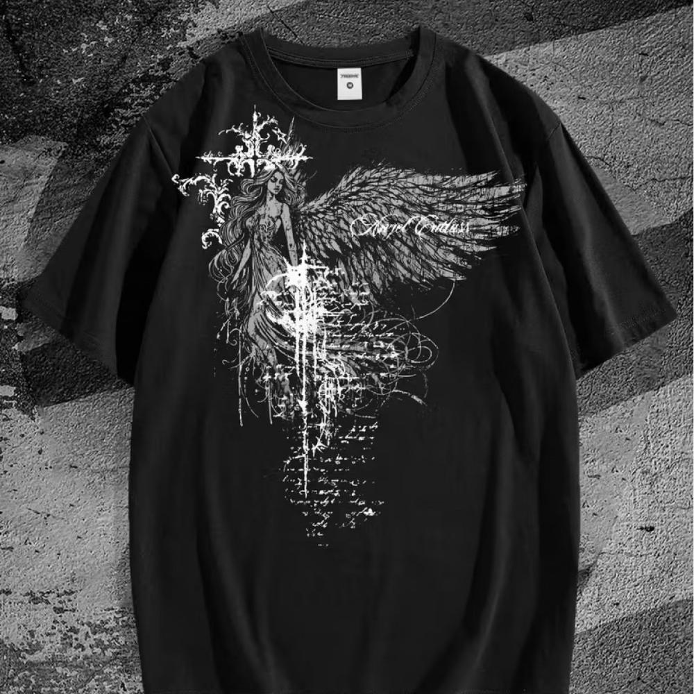 Dunkles Gothic Gefallener Engel Print Design Herren Street Kurzarm T-Shirt 2D Stempelung Weich 100
