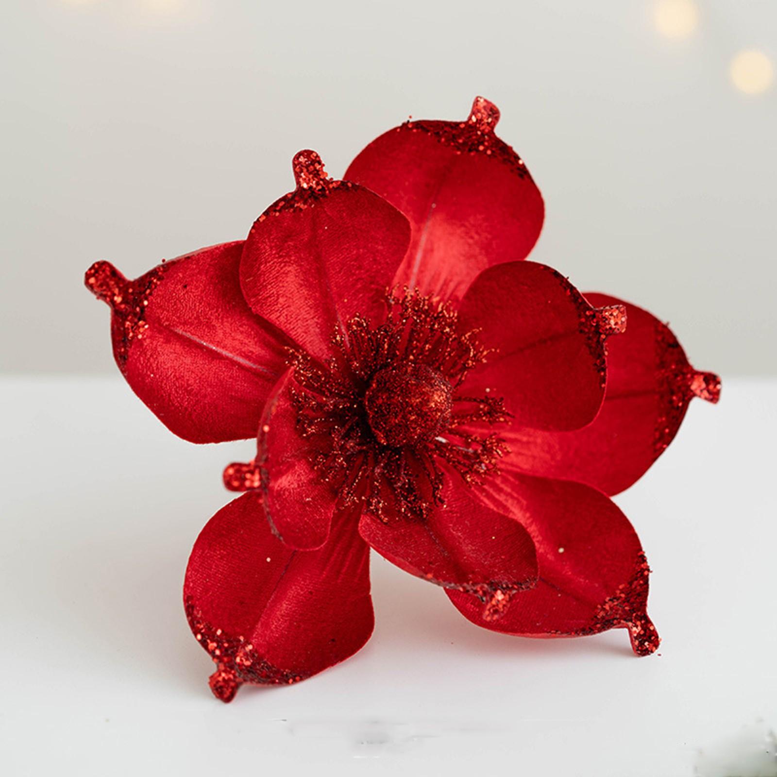 

Artificial Glitter Magnolia Flowers Christmas Poinsettia Ornaments Picks For Christmas Tree Wreath Garland Xmas New Year Decoration One Size красный